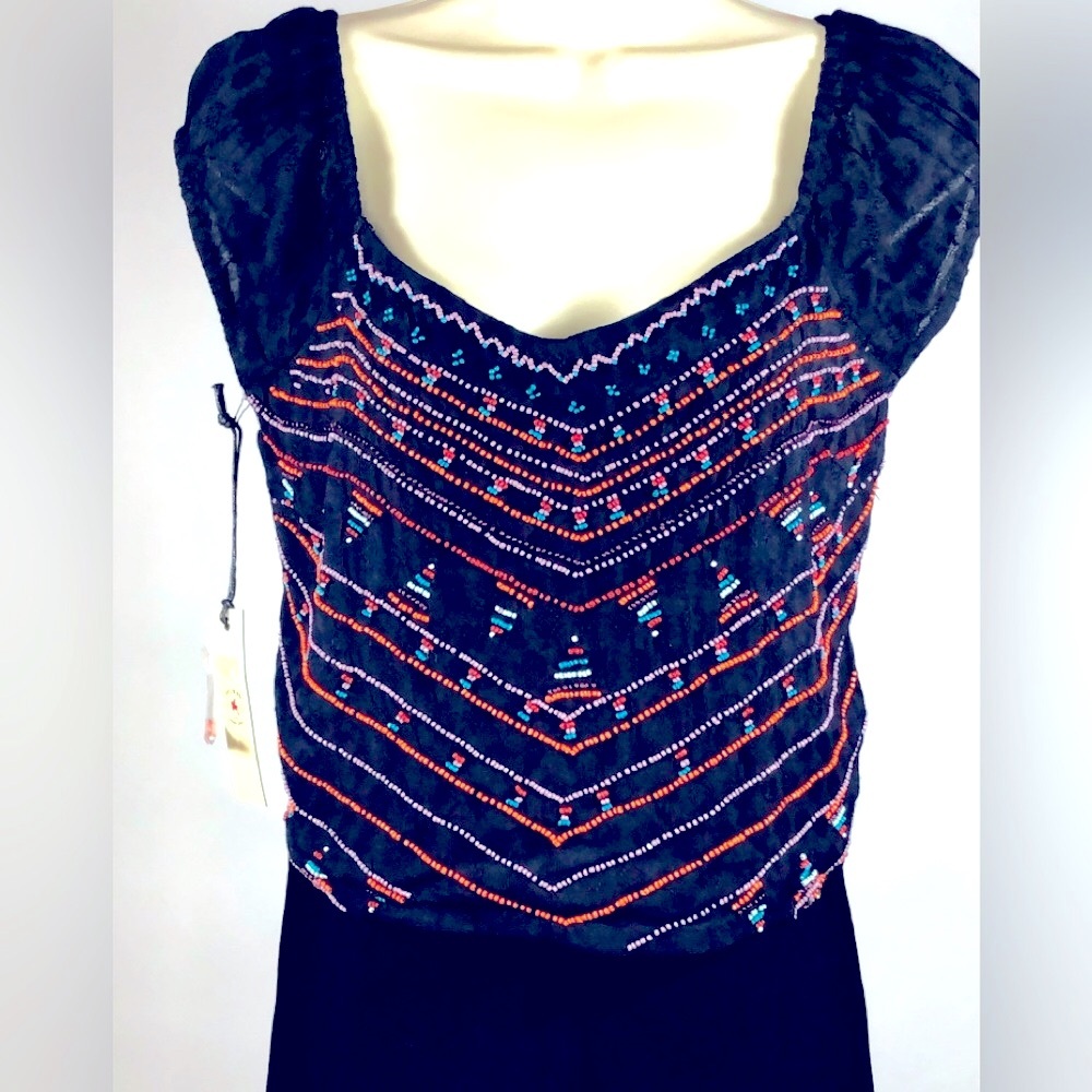 NWT Idyllwind Cap Sleeve Beaded Top in Black Size S